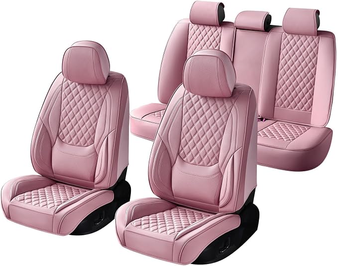 Car Seat Covers Full Set,5 Seat Leather Seat Covers for Cars,Front Seats and Back Seat Cover,Waterproof Car Seat Cushion Protectors,Universal Fit for Most Cars SUV Trucks (Pink, Full Set)
