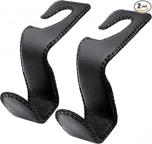 EldHus Headrest Hooks for Purses and Bags, 2 Pack Car Seat Hooks for Grocery Bag Handbag, Metal Car Purse Holder Covered by Leather, Black