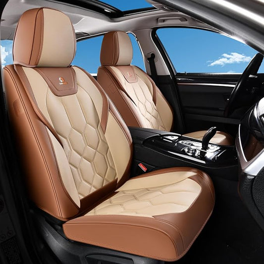 Huidasource Front Seat Covers, Universal Fit for Most Cars SUV Trucks, Full Coverage Leather Seat Cover, Airbag Compatble, Seat Function Retain, Storage Pocket Design, Easy to Install, Brown & Beige