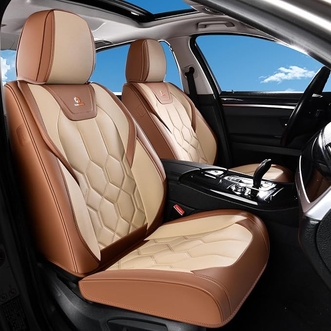 Huidasource Car Seat Covers, Universal Fit for Cars SUV Truck, Brown&Beige | Full Coverage Leather Seat Cover, Airbag, Cupholder Compatible, Seat Function Retain, Easy Install with Velcro