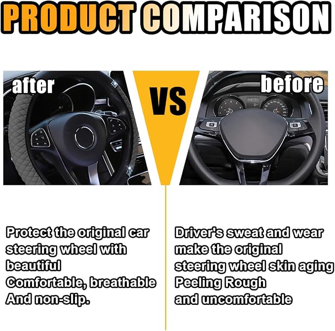 JOYCOURT 15 Inch Bling Soft Leather Car Steering Wheel Cover, Grey | Colorful Rhinestones Design, Auto Elastic Protector for Women Girls, Crystal Diamond Car Accessories for Most Cars, SUVs