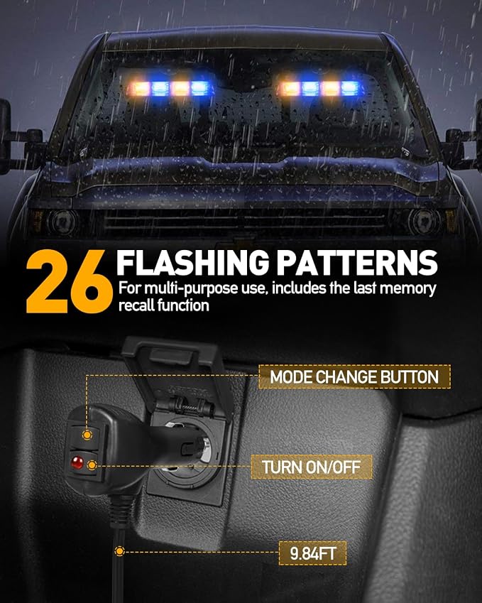 HLauto 2002L Emergency Dash Strobe Lights: Amber Blue Safety Lights, Flashing Warning Hazard Windshield Visor Traffic Light Bars for Trucks, Construction Vehicles (2x8.5 inch, 48LED)
