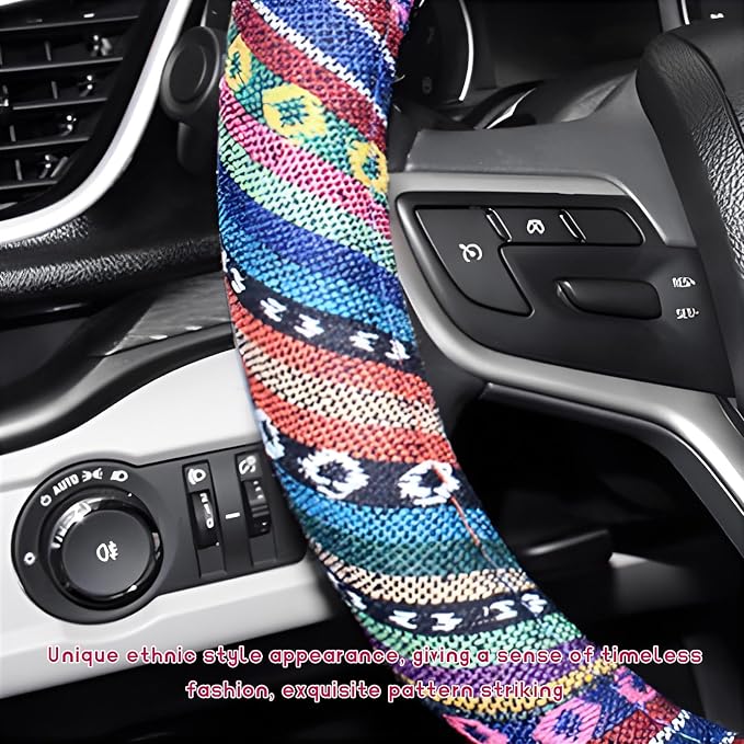 Boho Steering Wheel Cover, Anti-Slip Coarse Flax Cloth Ethnic Style Auto Wheel Cover, Breathable Boho Auto Steering Wheel Protector for Women Men, Car Accessories (Style A)