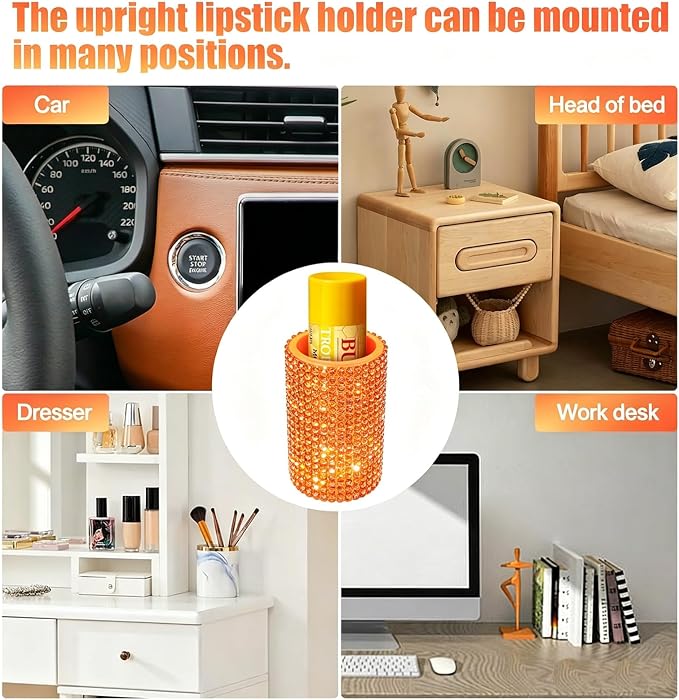Upright Car Chapstick Holder, Bling Insulating Lip Balm Holder,Rhinestone Car Accessories for Women Interior ,Suitable for Most Vehicles. (Orange)