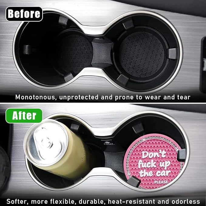 Ohleats 2 PCS Bling Car Cup Coaster, 2.75 Inch Non-Slip Don't Fuck Up My Car Please Cup Holder Insert Coaster, Crystal Rhinestone Auto Drink Cup Mat, Universal Car Accessories (Pink)