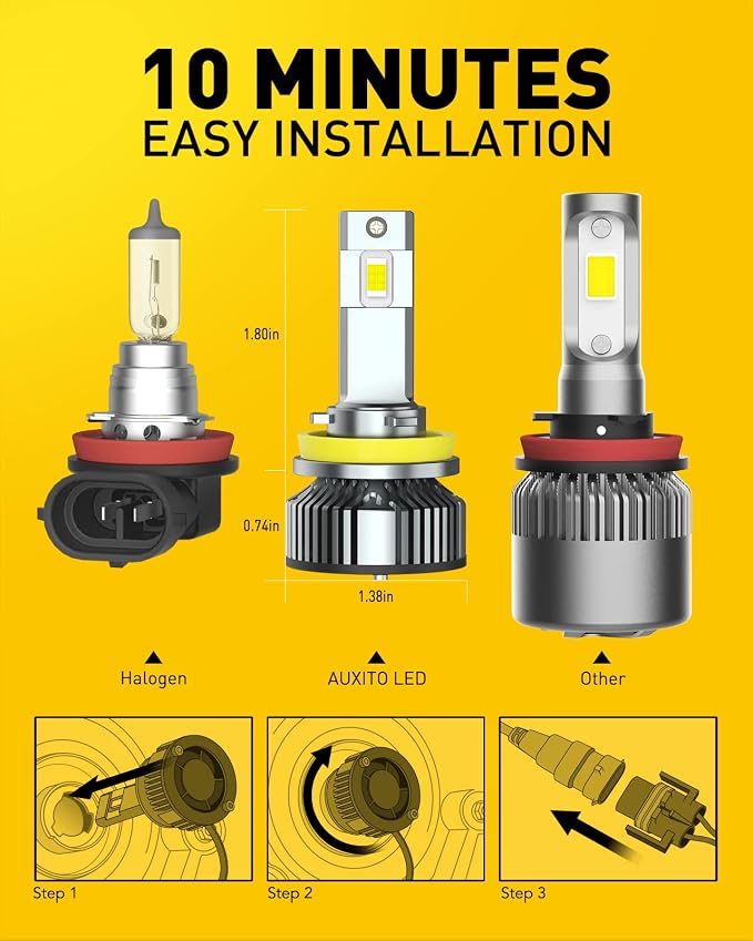 AUXITO H11 LED Bulbs, 120W 60000LM Per Set, 1200% Brighter, 6500K Cool White Adjustable H8 H9 LED Fog Light Bulb for Halogen Replacement, Plug and Play, Pack of 2
