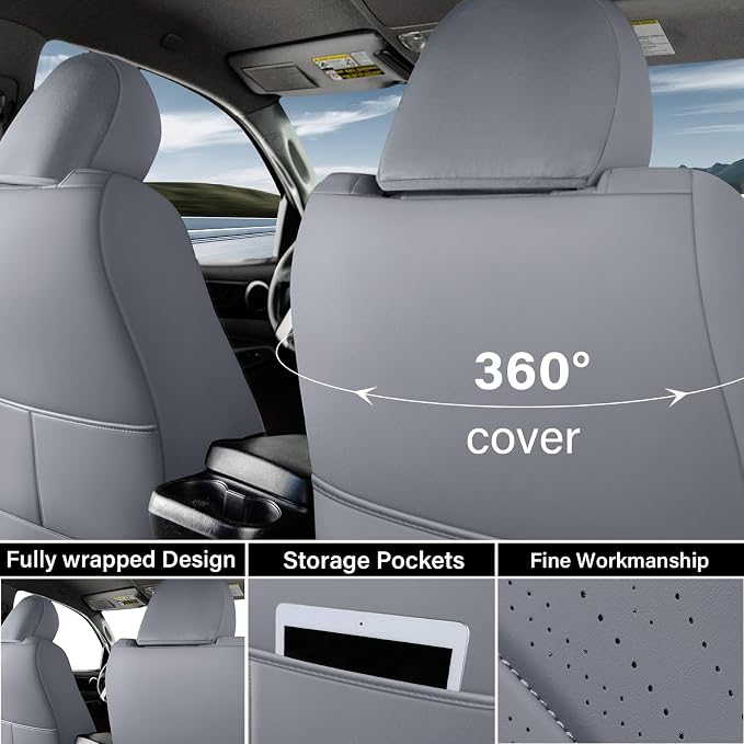 Coverado Tacoma Seat Covers Full Set, Faux Leather Seat Covers Custom Fit for 2005-2023 Toyota Tacoma Double/Crew Cab Base Prerunner SR5 Limited TRD Sport Interior Covers (Gray)