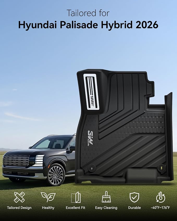 3W Floor Mats with Metal Pedals & Backrest Mats Cover& Cargo Liners for Hyundai Palisade 2026 7&8s(Only Fit Hybrid), TPE All Weather Custom Fit Floor Liner & Tunk Mats 1st &2nd Rows Car Mats
