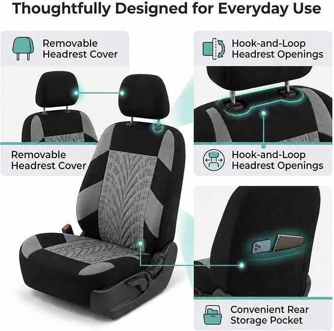 FH Group Front Set Premium Cloth Car Seat Covers for Low Back Car Seat with Removable Headrest, Universal Fit, Airbag Compatible Seat Cover for SUV, Sedan, Beige