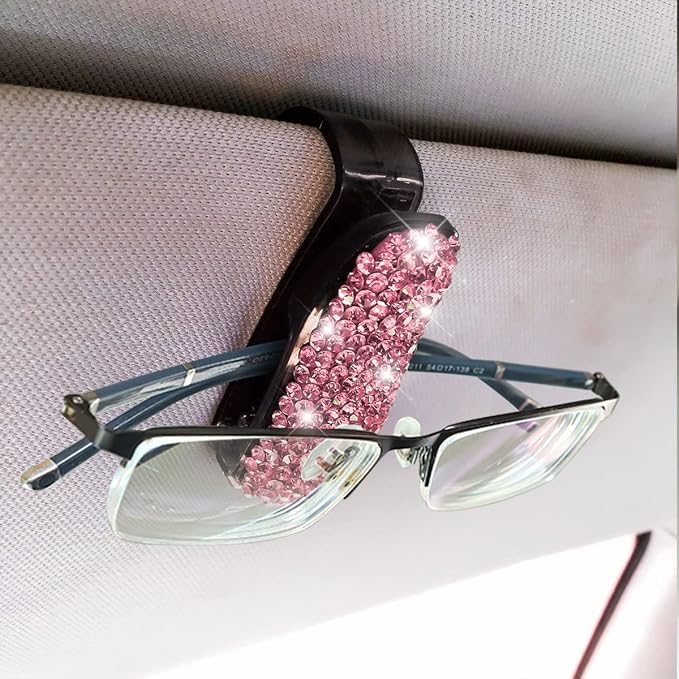 Moly Magnolia Bling Car Glasses Holder, 2PCS Handcrafted Crystal Rhinestones Fashion Car Sunglasses Mount with Card Clip for All Sun Visors, Auto Interior Accessories for Women Girl (Pink)