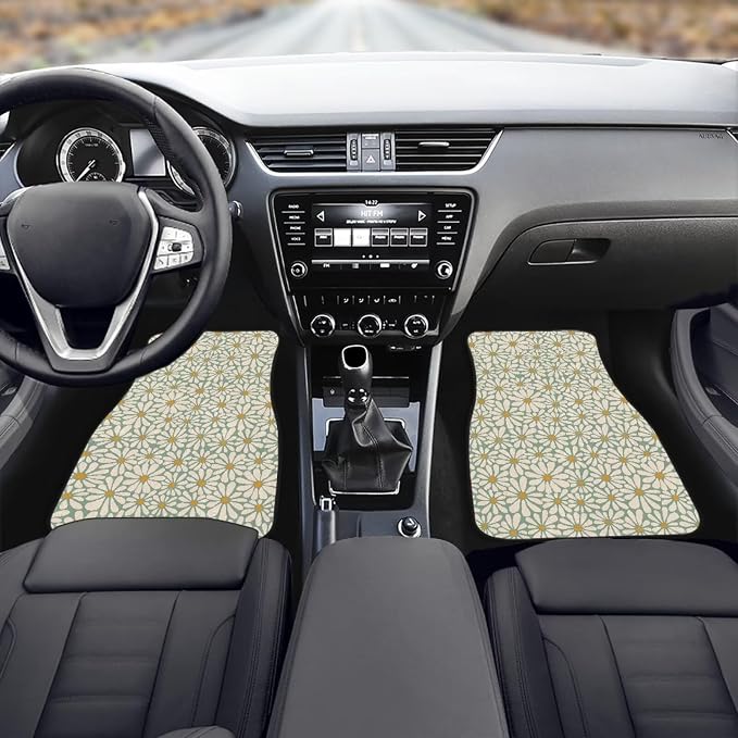 Daisy Flower Print Car Floor Mats Set of 4 Retro Groovy Floral Universal Vehicle Floor Carpet Decorative Auto Front Rear Foot Rugs for Trucks SUV Sedan