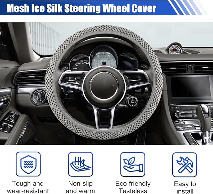 Elastic Stretch Steering Wheel Cover, for Men Women (Gray) | 15" Breathable Microfiber Ice Silk Steering Wheel Protector, Universal Anti-Slip Warm in Winter&Cool in Summer Car Accessory