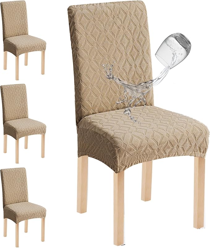 Genina Waterproof Chair Covers for Dining Room Set of 4, Removable Washable Chair Slipcover Protectors, Large Khaki