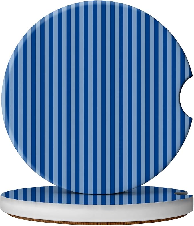 2 Pack Car Coasters for Cup Holders, Absorbent Ceramic Cup Coaster with Cork Base and Finger Notch, Cute Car Accessories Interior for Women Men (Blue Stripes)