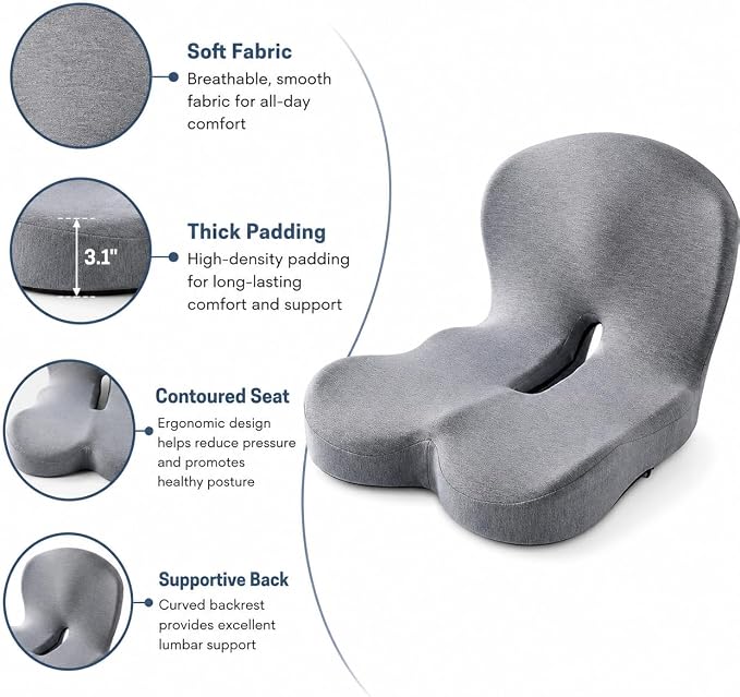 Orthopedic Memory Foam Car Seat Cushion for Sciatica & Back Pain Relief - Ergonomic Non-Slip Office Chair Cushion & Car Cushions for Long Driving with Lumbar Support, Universal Fit (Grey)