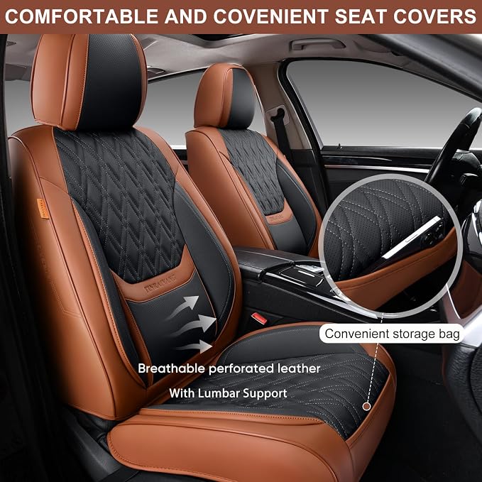 Car Seat Covers Full Set, Breathable Leather Automotive Front and Rear Seat Covers, Car Seat Protectors Full Set,Universal Automotive Vehicle Seat Cover for Most Sedan SUV Pick-up Trucks, Brown&Black