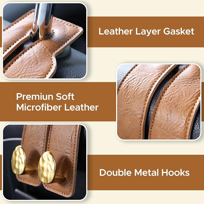 4 PCS Leather Car Seat Hooks for Headrest, Vehicle Hanger Storage Organizer Universal for Handbag Purse, Car Accessories Gift (Brown-Gold-4 PCS)