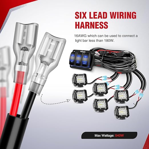 Nilight 16AWG LED Light Bar Wiring Harness Kit 12V On/Off 3 Gang Laser Etched LED Pod Lights Rocker Switch Panel Power Relay Fuse 5Pin Toggle Switch for Cars Boat ATV Trucks-4 Leads, 2 Years Warranty
