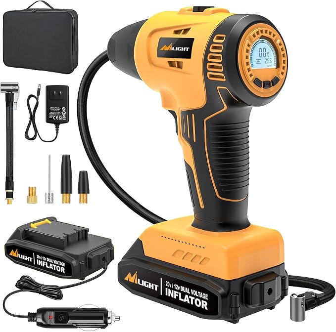 Nilight Cordless Tire Inflator Air Compressor Dual Power Supply 20V Rechargeable Battery Powered 150PSI Handheld Air Portable Pump with 12V Adapter Digital Pressure Gauge for Cars Motorcycles