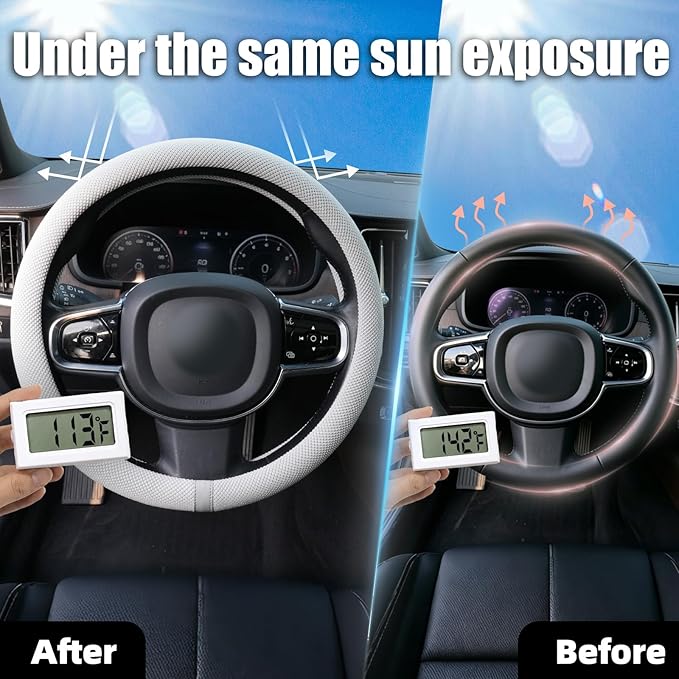 15 Inch Cooling Steering Wheel Cover for Women, Non-Slip Breathable Cooling Car Steering Wheel Cover with Upgraded Silicone Inner Ring Fits Round/D Shape, Warm in Winter Cool in Summer, White Gray