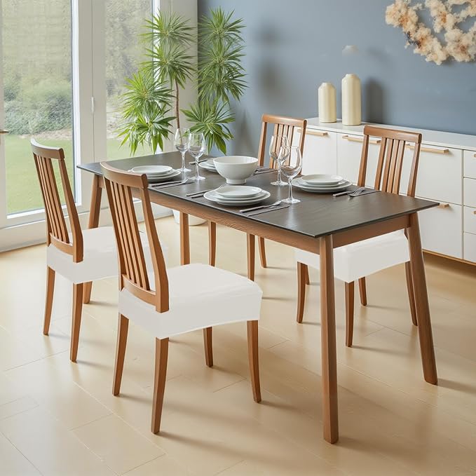 Waterproof Dining Chair Seat Covers Leather Kitchen Seat Covers, Stain Resistant Stretch Chair Seat Covers for Dining Room Chairs Set of 4, Rear Covered Washable Dining Chair Covers Cream