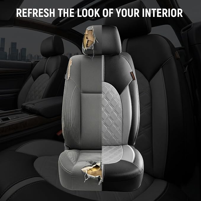 CAROMOP Luxury PU Leather Car Seat Covers Front Set, Anti-Stain Waterproof Automotive Seat Covers for Cars, Universal Car Interior Covers Seat Protectors for SUVs Pick-up Trucks(Dove Gray)