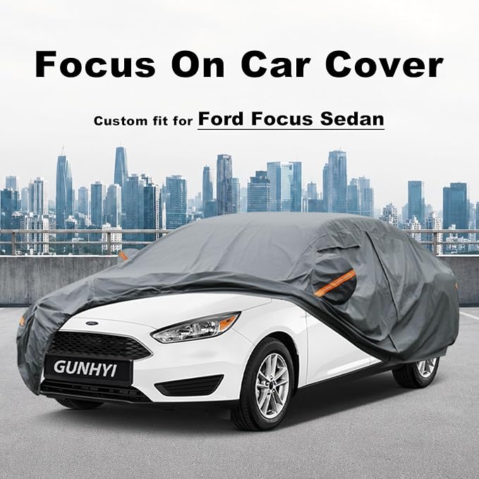 GUNHYI Premium Car Cover Custom Fit Ford Focus Sedan, 16 Layers Heavy Duty Car Cover Waterproof All Weather with Zipper Door for Sun Rain Snow Dust Uv Protection