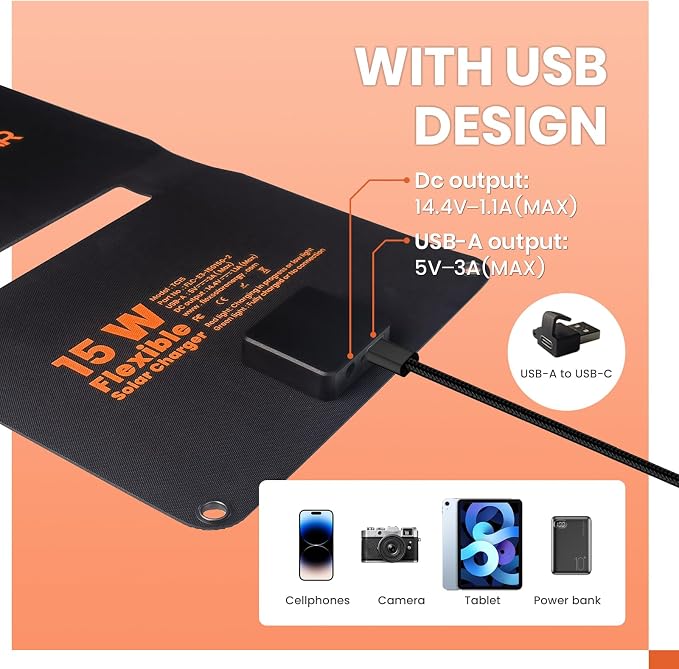 FlexSolar 15W Foldable Solar Panel Trickle Charger Maintainer Kits - 12V DC & USB Output with Built-in Controller Includes Cigarette Lighter, Alligator Clips, O-Rings,OBDII Connector for Car, Truck