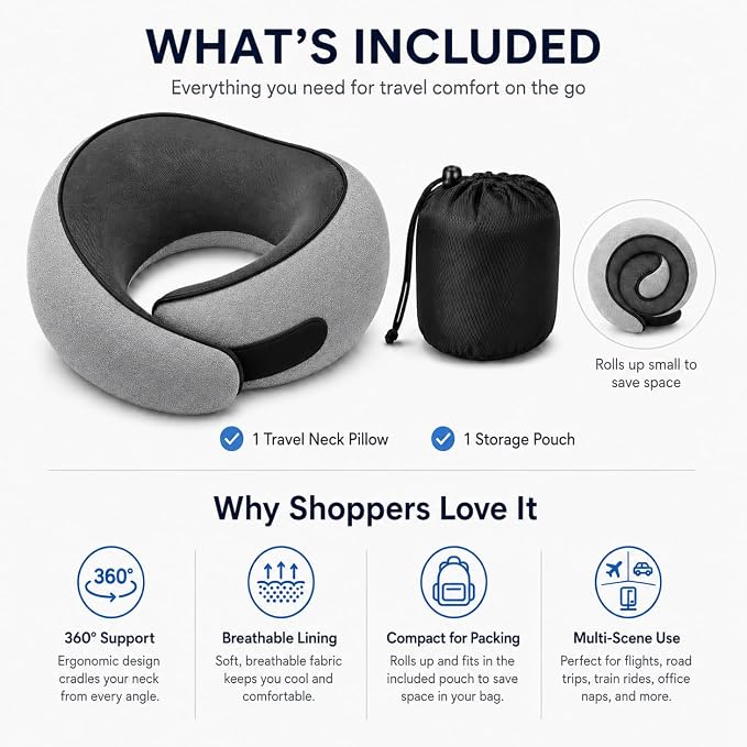 Travel Pillow for Airplane, Memory Foam Neck Pillow for Travel with Chin Support, Washable Cover & Storage Bag, Ergonomic 360° Neck Support for Long Flights, Car, Office, Home, Max Grey