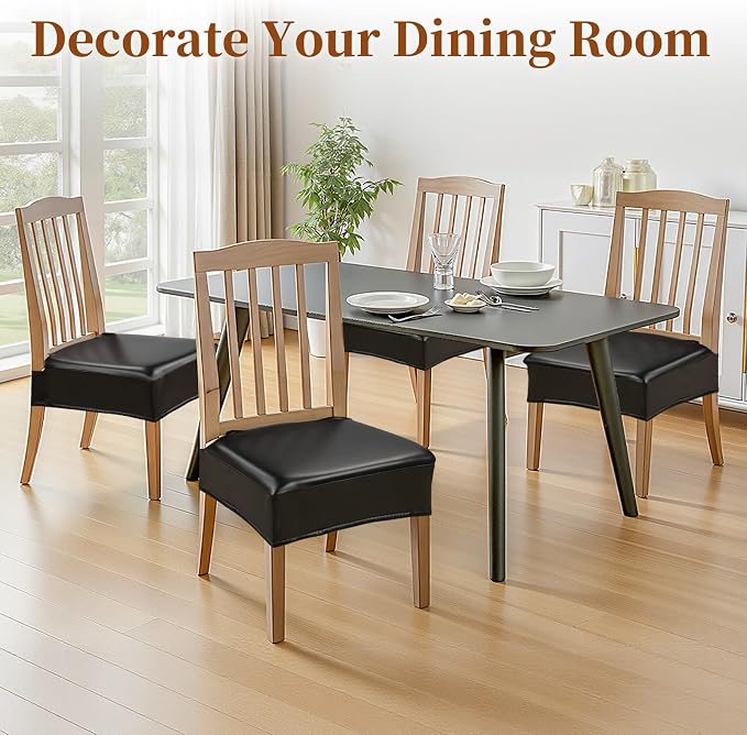 Waterproof Dining Chair Seat Covers Leather Kitchen Seat Covers, Stain Resistant Stretch Chair Seat Covers for Dining Room Chairs Set of 8, Rear Covered Washable Dining Chair Covers Black