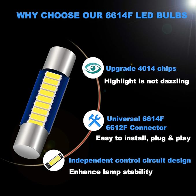 6PCS 28mm 29mm 6614F Festoon LED Car Bulb, Extremely Bright 9-SMD 4014 chips 6641 6612F LED Bulb, Fit for Vanity Mirror Lights and Sun Visor Lights, 6000k White