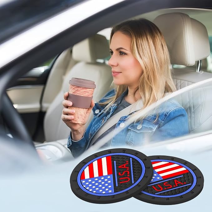 AUCELI 4 Pack Car Cup Holder Coasters, Colored American Flag US Flag Insert Car Cup Coaster, 2.75 Inch Anti Slip Shockproof Embedded Drink Mat, Vehicle Interior Decor Accessories
