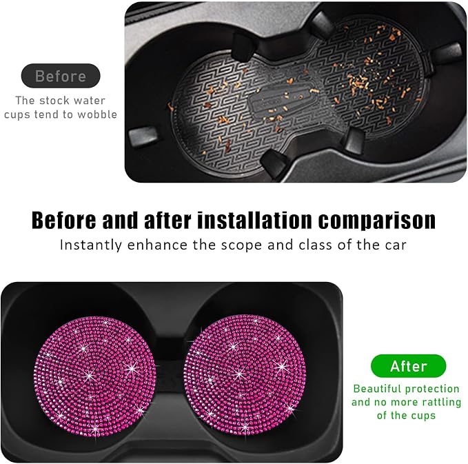 Ziciner 2PCS Bling Car Cup Holder Coaster, 2.73 Inch Anti-Slip Cup Insert Coasters, Crystal Rhinestone Auto Drink Cup Mat, Universal Interior Decor Car Accessories for Women Girls (Rose Red)
