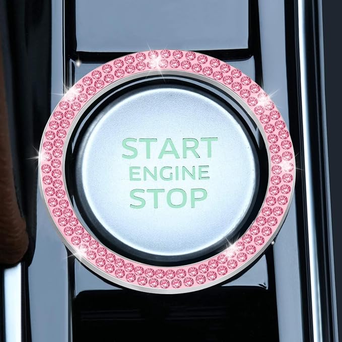 LivTee 2 PCS Crystal Double Rhinestone Car Engine Start Stop Decoration Ring, Bling Car Interior Accessories for Women, Push to Start Button Cover Sticker, Automotive Decals, Pink