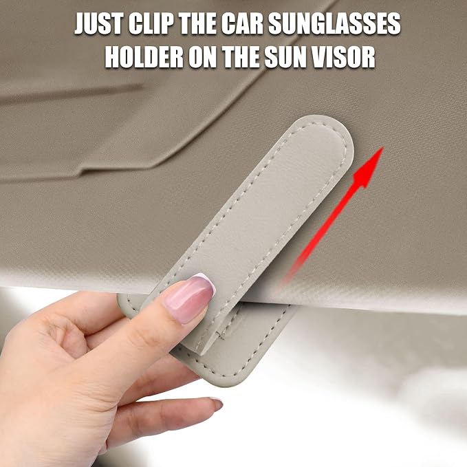 2 Pack Magnetic Leather Car Sunglass Holder, Beige | Leather Glasses Eyeglass Hanger Clip for Car, Sunglass Clip Glasses Holder for Car Visor