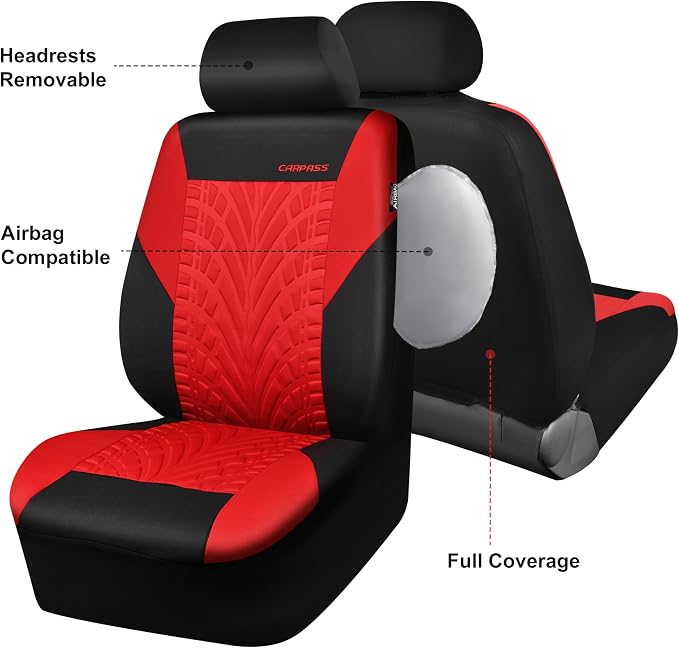 CAR PASS Car Seat Covers Two Front Only for Car, 3D Tyre Print Automotive Interior Covers, Airbag Compatible, Quick Setup Universal Fit Seat Covers for Car, Truck, SUV(Black Red)