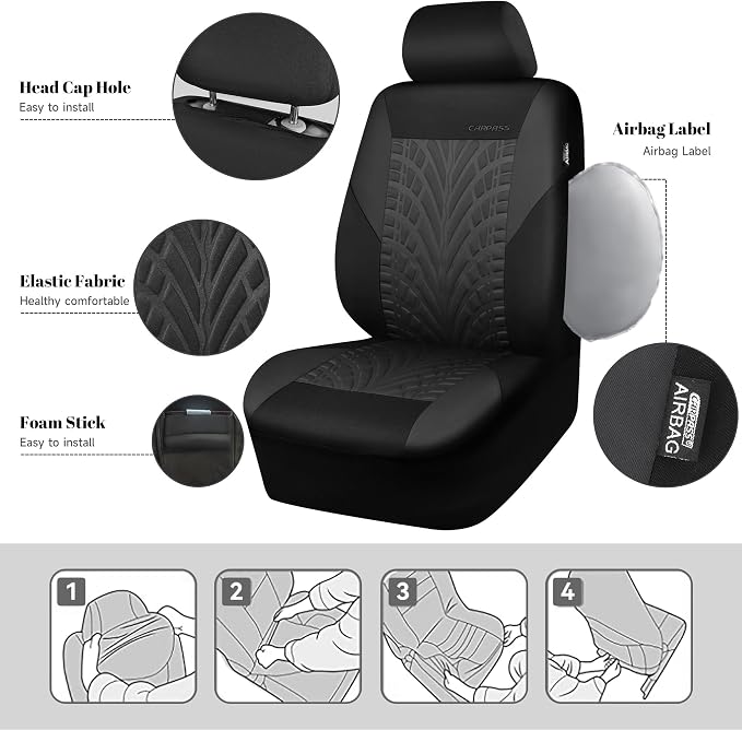 CAR PASS Emboss Tyre Front Seat Covers, Universal Fit Elastic Breath Premium Cloth seat Covers Front Seats only for Truck SUV Sedan, Airbag Compatible, Charcoal on Black