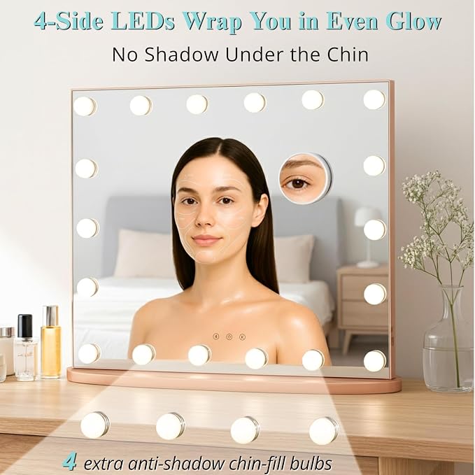 LUXFURNI Vanity Mirror with Lights, 23.6" Hollywood Makeup Mirror Rose Gold | 18 Surround LED Bulbs, 360° Shadow-Free Lighting, 3 Color Modes, USB Charging, Tabletop & Wall Mount for Bedroom Dorm Desk