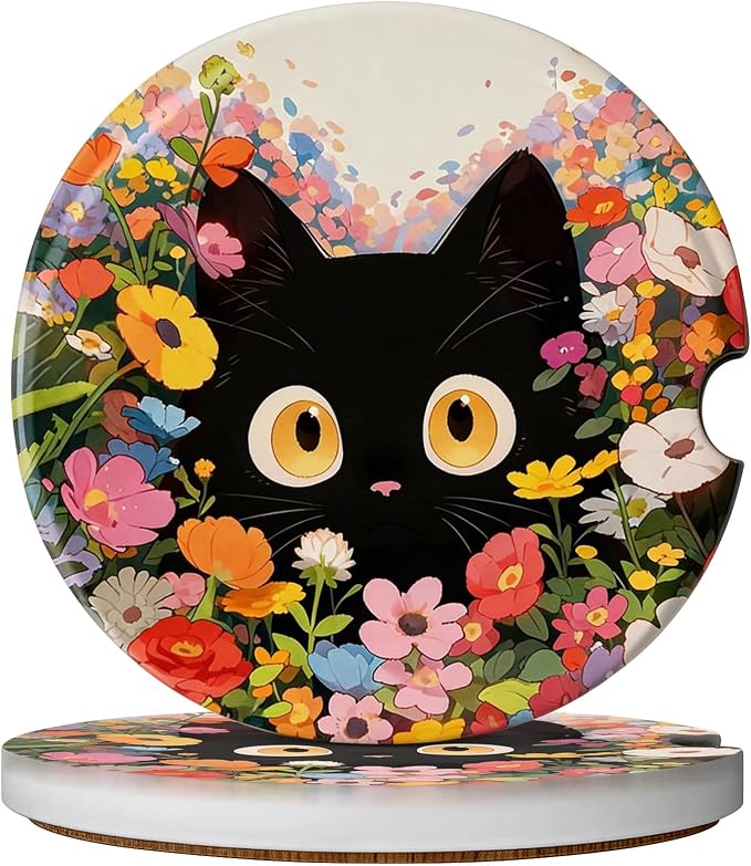 2 Pack Car Coasters for Cup Holders, Absorbent Ceramic Cup Coaster with Cork Base and Finger Notch, Cute Car Accessories Interior for Women Men