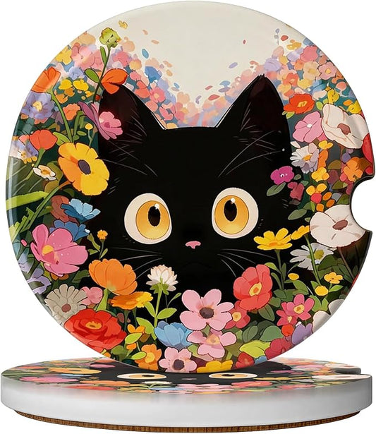 2 Pack Car Coasters for Cup Holders, Absorbent Ceramic Cup Coaster with Cork Base and Finger Notch, Cute Car Accessories Interior for Women Men