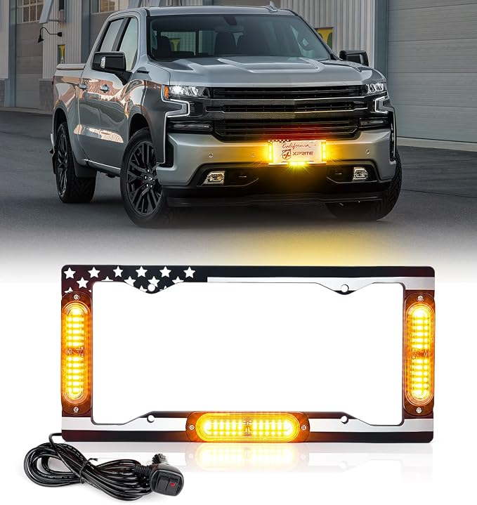 Xprite 36 LED License Plate Strobe Light, US Flag Front/Rear Utility Lights, 22 Modes Caution Frame for Construction Towing Snow Plow Pickup Work Trucks Cars - Amber (w/Pre-Installed 9FT Cable)