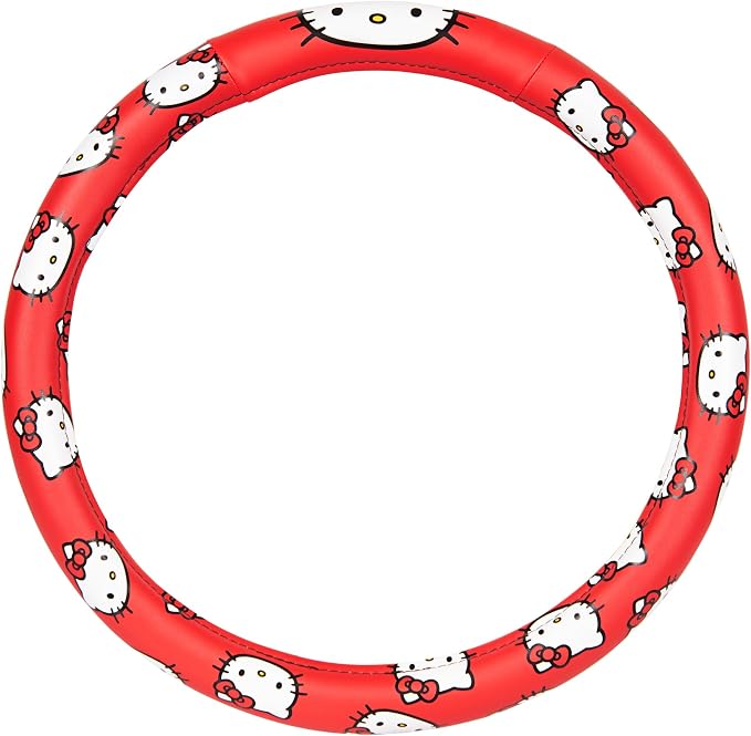 Hello Kitty Steering Wheel Cover Official Sanrio Car Accessory Universal Size 14.5 to 15 Inch Cute Red Design for Women Girls Sedans SUVs Trucks, Anti-Slip Grip, Stretch-Fit Design