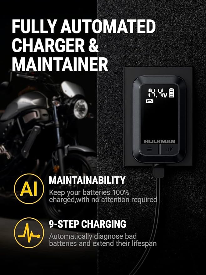 HULKMAN Sigma 1 Car Battery Charger - 1A 6V/12V Automatic Smart Trickle Charger, Battery Maintainer, and Desulfator with Intelligent Interface
