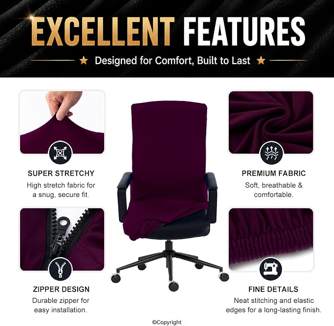 DIVA EN CAMINO DEC Universal Stretch Office Chair Cover with Zipper, Soft Slipcover for High Back Desk Chair, Plum