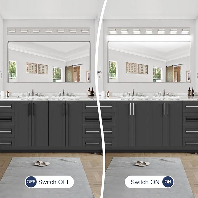 SineRise LED Modern Bathroom Vanity Light Fixtures (7-Light, 55-Inch, Dimmable), Brushed Nickel Modern Acrylic Bathroom Wall Lighting Fixtures Over Mirror (Cool White 6000K)