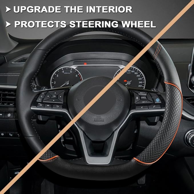 GIANT PANDA D Shape Steering Wheel Cover for Nissan Rogue Kicks - Auto Car Steering Wheel Cover Customized for Nissan Altima Sentra(Black+Orange Line-D-Shaped)