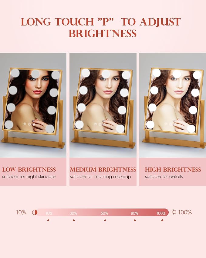 BWLLNI Vanity Mirror with Lights, Hollywood Mirror Lighted Makeup Mirror with 9 LED Bulbs, Touch Control Design 3 Colors Dimmable Bulbs Detachable 10X Magnification 360°Rotation(Gold)