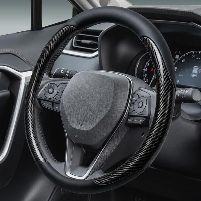 Yangday Leather Steering Wheel Cover for Toyota RAV4 Corolla Camry Highlander, 14.5-15 inches Car Steering Wheel Cover with Non-Slip Breathable (Carbon Black)