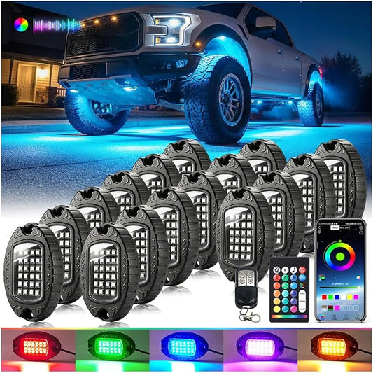 16Pods Heavy Duty Aluminum RGB LED Rock Lights for Trucks Pickup Jeep Gladiator Off-Road with APP/RF Remote, Segmented IP67 Waterproof Multicolor Underglow Accent Light 12V Plug and Play&Pre Wired