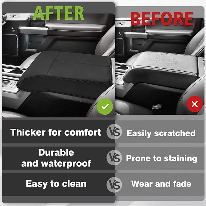 Muslogy Center Console Armrest Cover Fit for Ford F150 2015-2020 &F250 F350 F450 2017-2022 & Expedition 2018-2024 Accessories, Armrest Pad Console Lid Cushion Vegan Leather Regular Thick (Bucket Seat)
